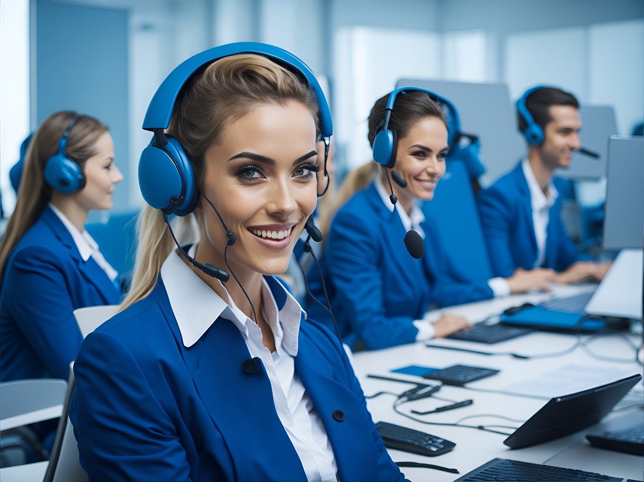 Female customer service agent in a blue dress, smiling in a call center setup.